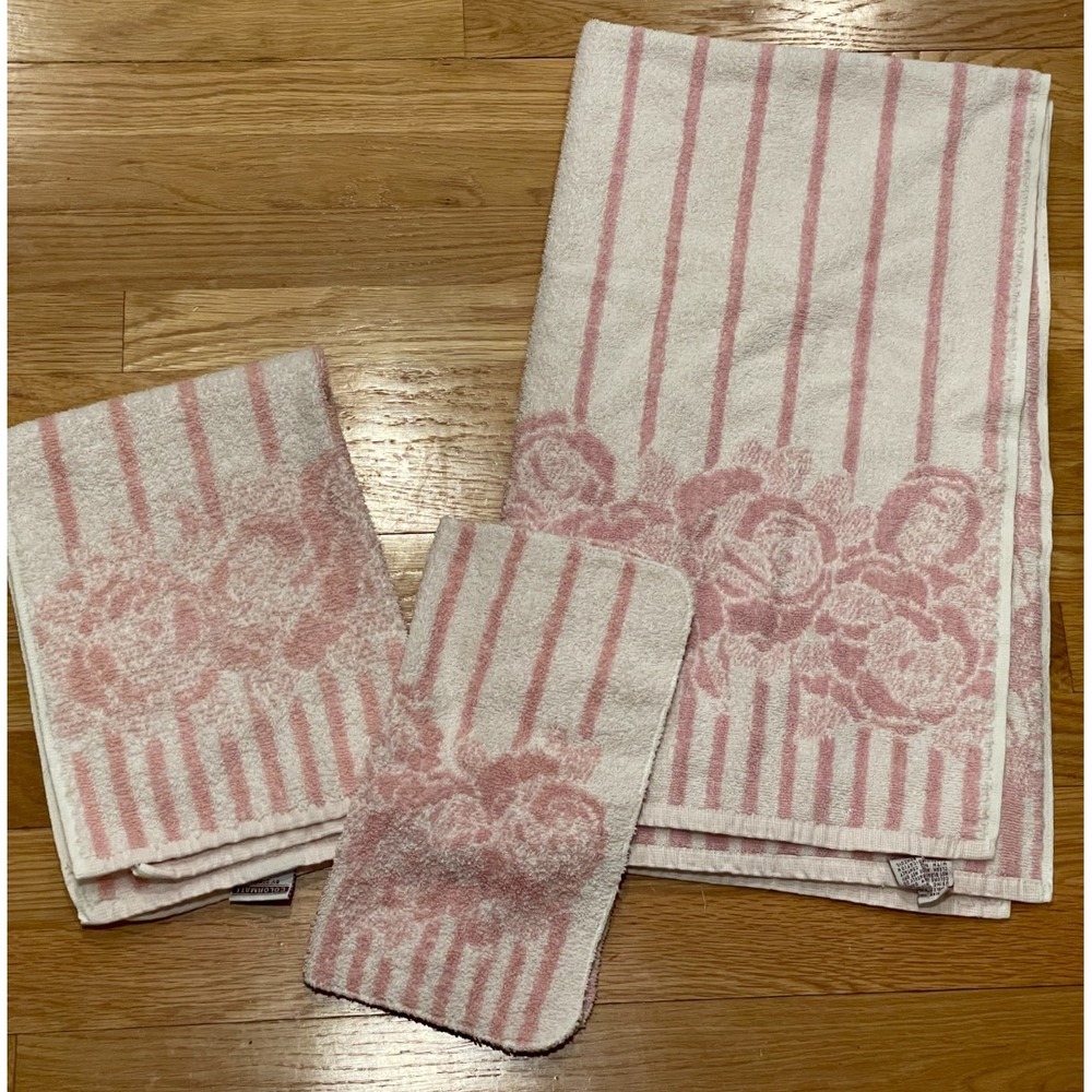 Vtg Colormate Stevens 3 Piece Towel Set Pink‎ White Rose Stripe Bath Hand Wash